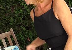 hot mature teacher spreads shaved pussy outdoors in heels!