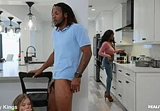 he spoils her dinner with a wild kitchen cowgirl ride in those tight shorts