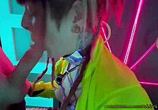 Sloppy public deepthroat gagging cum swallow in rave bathroom redhead goth