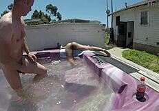 skinny slut gags on cock in jacuzzi then pussy slammed