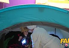 In the dorm, a big-titted lesbian milf seduces the young camper with wet pussy licks and face sitting
