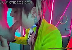 Sloppy public deepthroat gagging cum swallow in rave bathroom redhead goth