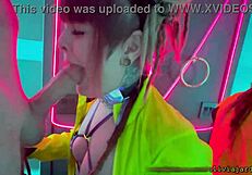 Sloppy public deepthroat gagging cum swallow in rave bathroom redhead goth