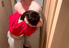 Brunette Japanese Girlfriend Blows Boyfriend At Door After Convenience Store Trip