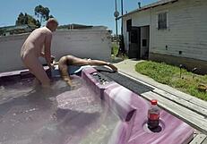 skinny slut gags on cock in jacuzzi then pussy slammed
