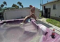 skinny slut gags on cock in jacuzzi then pussy slammed