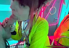 Sloppy public deepthroat gagging cum swallow in rave bathroom redhead goth