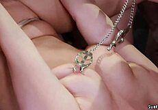 Therapist pounds bound patient with double penetration gangbang