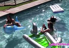 wet teen lesbians lick juicy pussies in steamy poolside foursome orgy party