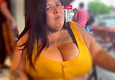 Mary Jhuana Flashes Huge Natural Tits as Boyfriend Controls Dildo Publicly on Street