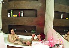 euro couple in steamy bath fingers and eats pussy while kissing passionately