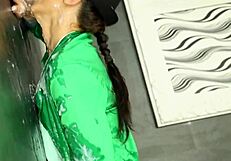 glam european babe slurps cock till bukkake drenches her classy face!