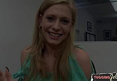 innocent young office babe sneaks pov handjob on throbbing cock at work