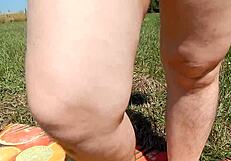 hairy mature milf flashes her chubby pussy outdoors in public