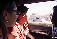 Athletic brunette Arab maid in leggings socks gets cumshot facial from Latina FFM group reality fuck