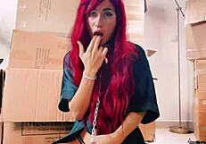 Hot redhead babe seduces neighbor cat in costume for deep ass licking and rimjob fun