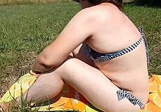 hairy mature milf flashes her chubby pussy outdoors in public
