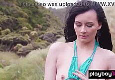 skylar leigh strips bikini in stream showing natural tits pussy