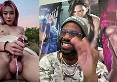 Beautiful freckled trans teen cums hard with accidental boner while getting League of Legends cum dump facial