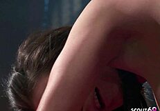 big tits milf licks slim teen's pussy backstage in lesbian parody orgy