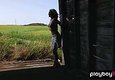 busty blonde milf jenessa dawn strips naked sunbathing wheat field outdoors