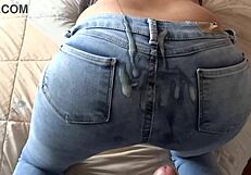 mature 58-year-old moans for cum in jean-covered ass