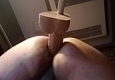 Solo brunette bends over for huge dildo doggystyle pounding