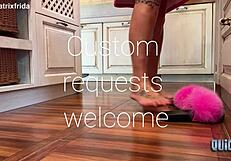 kicking off furry slippers to tease bare feet in kitchen