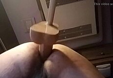 Solo brunette bends over for huge dildo doggystyle pounding