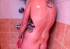 French Wife Squirts in Trailer Shower Close-Up
