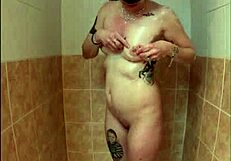 French Wife Squirts in Trailer Shower Close-Up