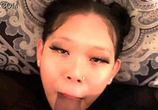 Sexy submissive Asian babe gags on huge cock face fuck POV