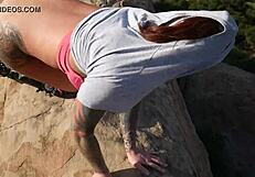 felicity feline bares ass and tits flashing in public nature spots