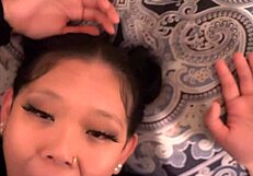 Sexy submissive Asian babe gags on huge cock face fuck POV