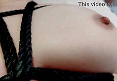 blindfolded chubby japanese bdsm slave gets rewarded with caresses on her fat shaved pussy and big tits during orgasm