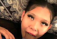 Sexy submissive Asian babe gags on huge cock face fuck POV
