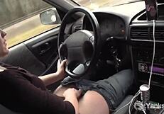 Lou Lebonne fingers shaved pussy to car orgasm outdoors