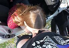 I spot driver seduce him with sloppy deepthroat blowjob swallow every cum drop outdoors