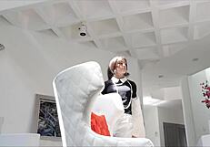 Watch this beauty brunette finger her shaved pussy wildly on the bed!