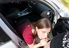 I spot driver seduce him with sloppy deepthroat blowjob swallow every cum drop outdoors