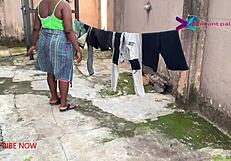 Gateman spies horny wife drying clothes then pounds her pussy