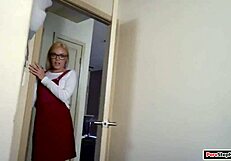 Stepson pounds stepmom's pussy while stepsister watches and joins