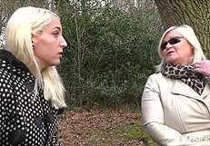 Blonde lesbian, wanna lick this big tit milf's shaved pussy?