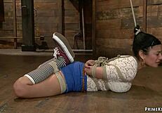 gag on this dildo slave busty lesbian hogtied and toyed roughly