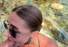 stranger's sloppy deepthroat ends in juicy cum on beach babe's face and tits!