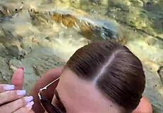 stranger's sloppy deepthroat ends in juicy cum on beach babe's face and tits!