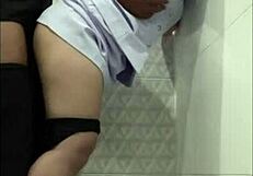 Nurse sneaks friend for steamy hospital bathroom creampie surprise