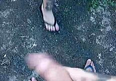 Blonde Brazilian Sucks Monster Cock Bareback in Forest Street Flash