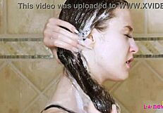 skinny teen brunette slips into a teasing shower reveal