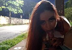 god i love risky public handjob on hot redhead at bus stop with dirty talk